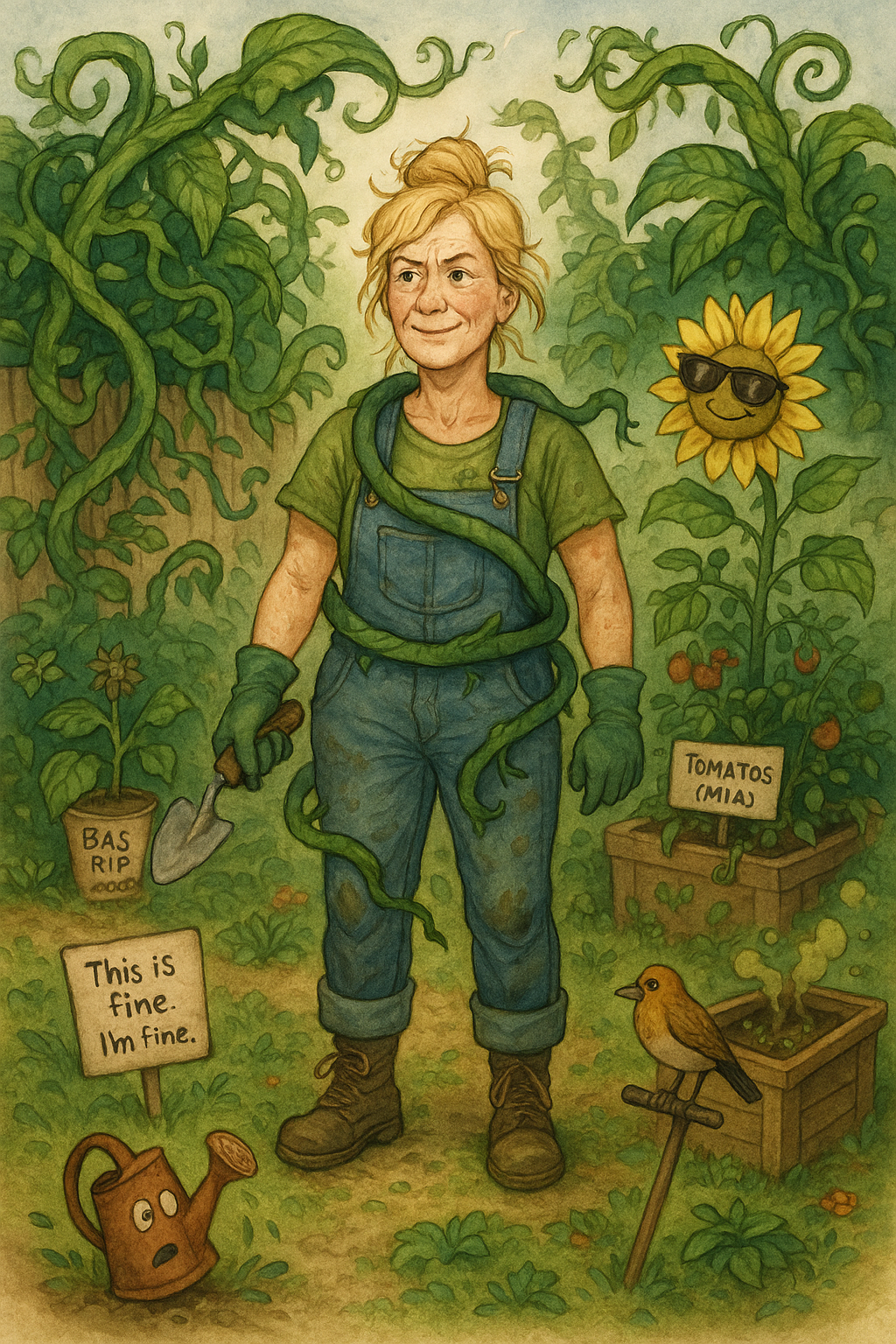 Whimsical gardener in overalls surrounded by lush plants, with sunflower and garden signs